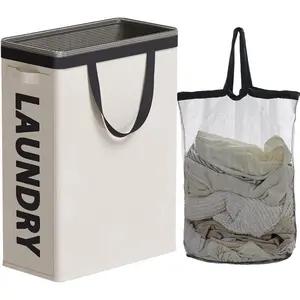 Slim Laundry Hamper with Removable Inner Bag and Side Handles, 45L Small Laundry Baskets to Store Clothes, Dirty Clothes Hamper for Laundry Room,, Bedroom, and Living Room - Beige