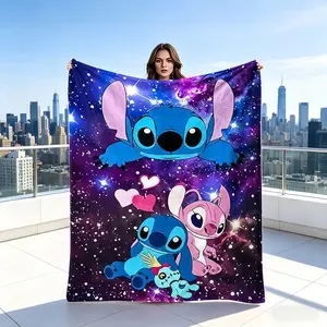 Stitch Angel Starry Heart Blanket, Couple Bedroom Warm Cover, All-Season Sofa Nap Blanket, Creative Digital Print Flannel, Holiday Gift Blanket