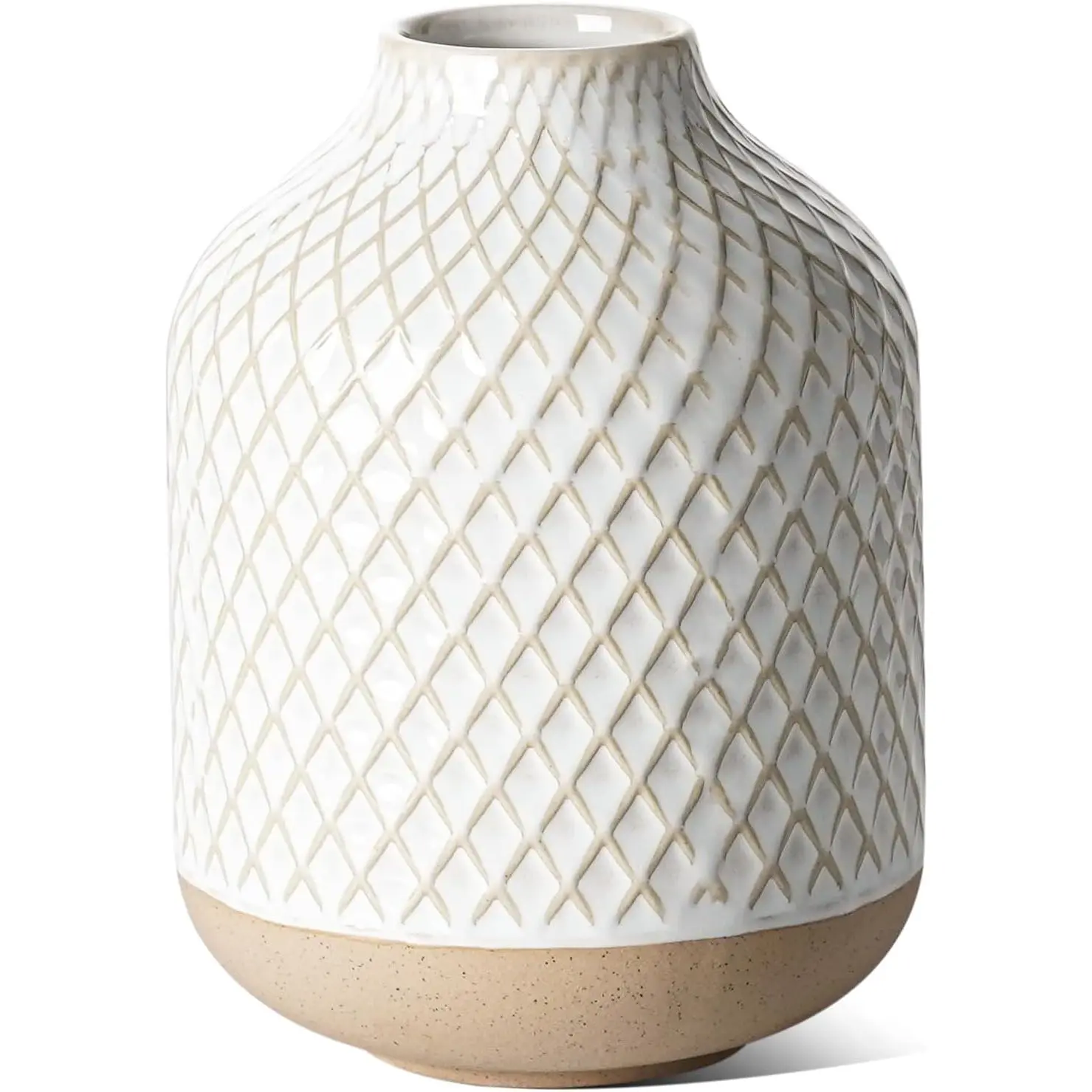 5.3 in Rhombus Embossed Ceramic Vase - Porcelain Decorative Ceramic Cottagecore Brown Accents Vase, Rustic Farmhouse Home Decor for Pampas Grass, Tiny Stem Flowers, Christmas Entryway Centerpieces, Decorative Vases