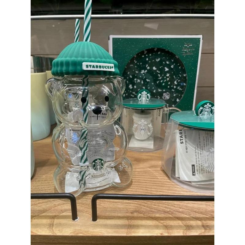 2026 Starbucks Barista Bear Cup Limited Edition Glass Cup Xmas Gift 503 ml R Green Tumbler with Straw Bottle Drink