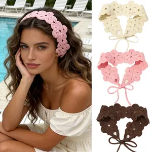 Boho Vintage Knit Hairband, Soft Polyester Headband, Handmade Crochet Flower, Daily Wear, Travel, Photo, Valentine's Gift for Girlfriend