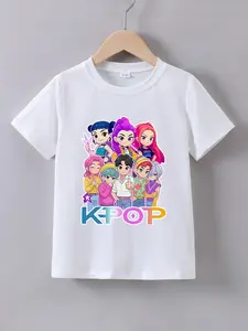 Girls' Summer Short Sleeve Kpop Element Cartoon Print T-Shirt, Sweet Anime Photo Collage Design, Casual Fitted Top Without Zipper, Cartoon Print Tee
