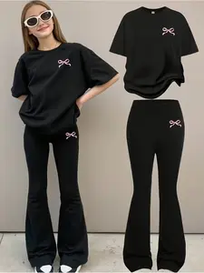 Girls' Butterfly Print Short Sleeve Top + Fashion Horn Tight Fit Fitted Pants Set, Clothes, Perfect for Outdoor Activities, Casual All Seasons Wear