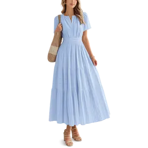 2026 Spring-Summer Women's Fashion V-Neck Pleated Bubble Sleeves Layered Floor-Length Dress