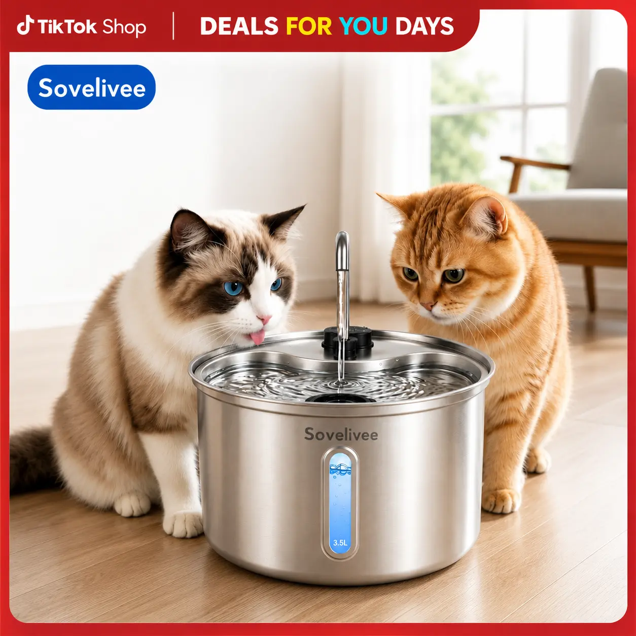 Sovelivee 3.5L Stainless Steel Cat Water Fountain for Dogs and Cats--Dog Water Dispenser--Cat Water Fountain--Stainless Steel--Ultra Quiet--4-Stage Filtration--Multiple Pets--Automatic Pet Water Fountain Feeder Kits