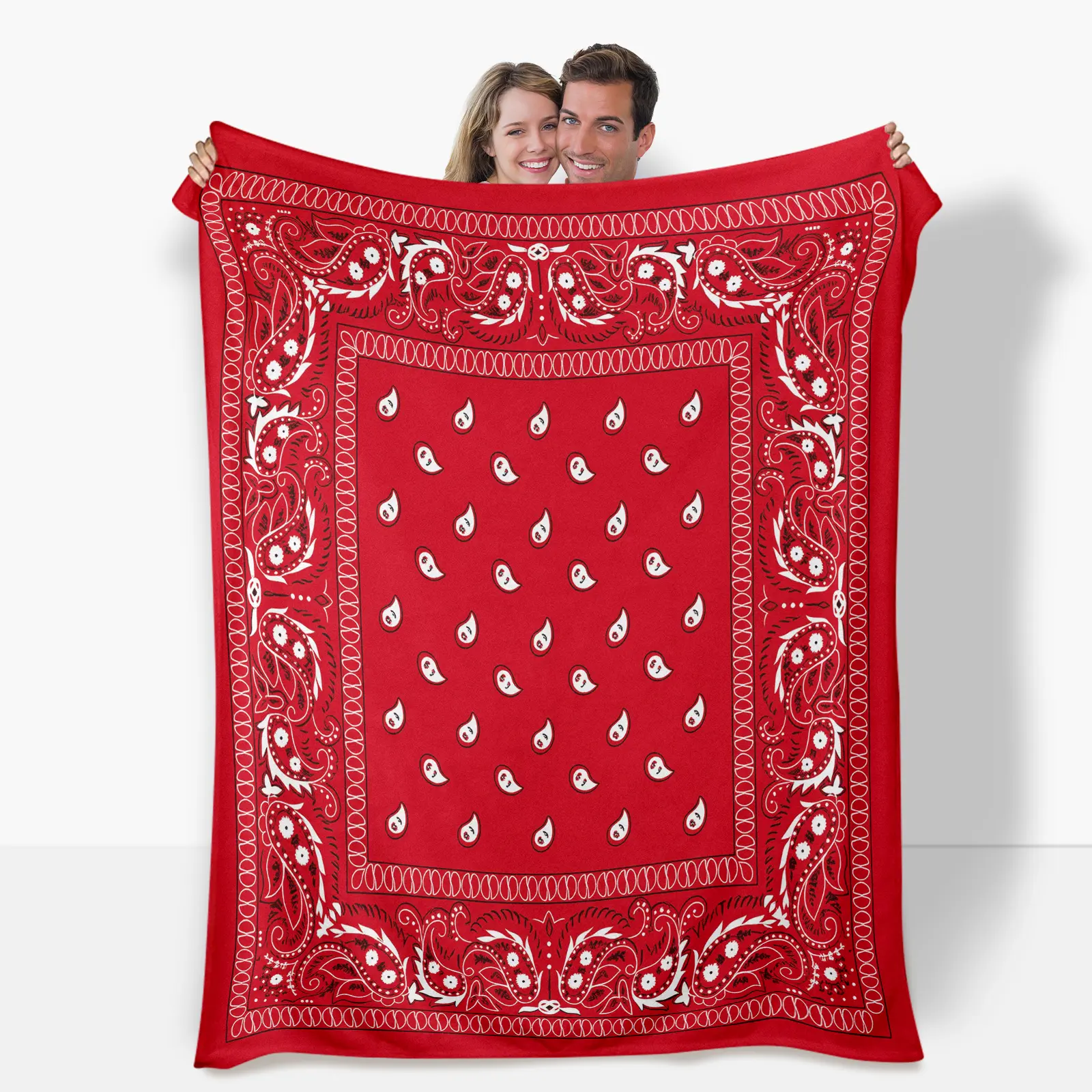 1 Piece Boho Flannel Throw Blanket - Adorable Style Red and White Paisley Pattern with Hearts, Stars, All-Season Warmth, Soft Fluffy Texture, Machine-Washable for Sofa, Bed, Home Decor Gift, Boho Blankets, Adorable Style Blankets
