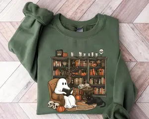 Retro Ghost Reading Books Sweatshirt, Librarian Ghost Halloween, Halloween Teacher Sweatshirt, Halloween Shirt, Teacher Gift, Boo School