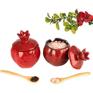 2 Ceramic Pomegranate-Shaped Salt Jars with Lid and Spoon