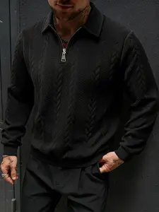 Men's Black Quarter-Zip Polo Collar Sweater, Cable Knit Textured Pullover with Half-Zip Closure, Long Sleeve Casual Knitwear, Perfect for Fall/Winter, Business Casual, Daily Wear, Office and All-Day Comfort