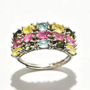 Natural Multi-Color Tourmaline Adjustable Crystal Ring, 925 Sterling Silver Valentines Gift