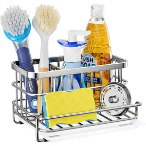 Kitchen sink organizer sus304 stainless steel rustproof multifunctional large sink caddy with sponge holder and drain tray for kitchen countertop silver
