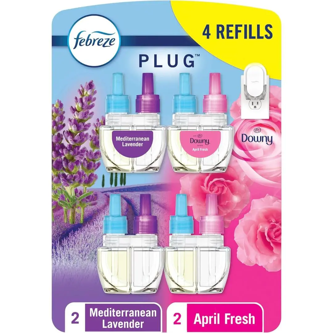 Febreze Odor-Fighting Fade Defy PLUG Air Freshener,Downy April Fresh, Mediterranean Lavender, .87 fl. oz. Oil Refills, 4 Refills (2 of Each)