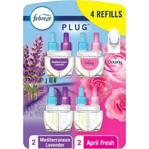 Febreze Odor-Fighting Fade Defy PLUG Air Freshener,Downy April Fresh, Mediterranean Lavender, .87 fl. oz. Oil Refills, 4 Refills (2 of Each)