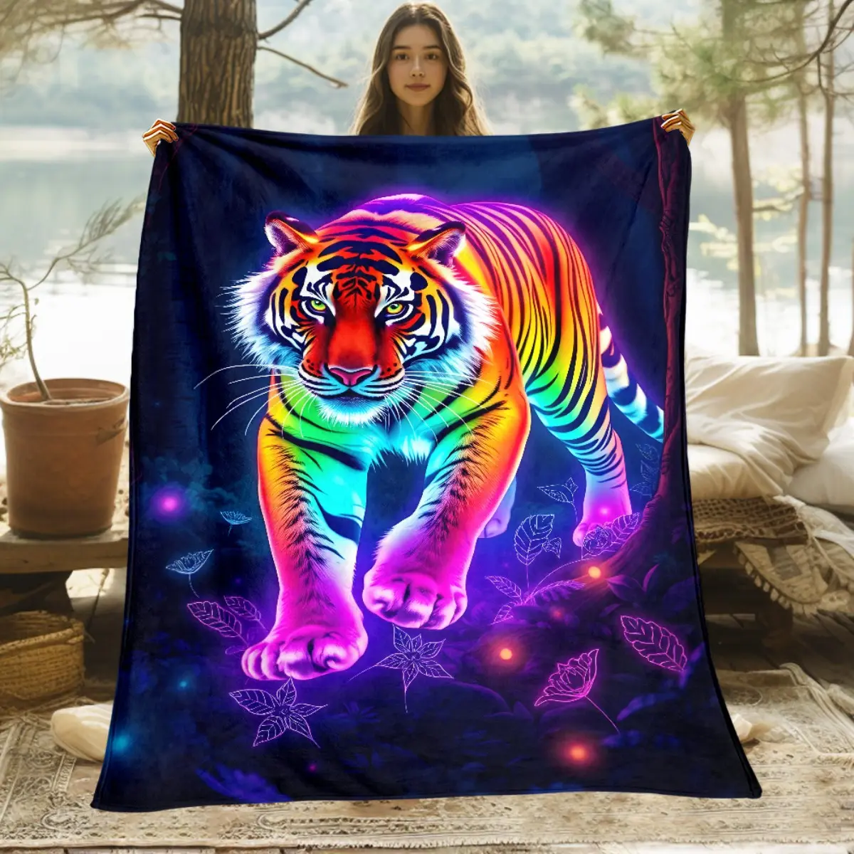 Tiger Print High-Definition Flannel Blanket - Anti-Static, Multi-Size, Travel-Ready, Comfortable & Warm Crochet Fluffy Outdoor Animal Character All Season Blanket, Suitable for Sofa, Camping, Perfect Gift for Family, Crochet Blankets, Fluffy Blankets