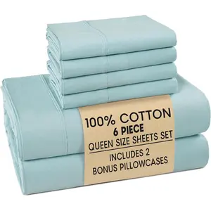 Queen Sheets Sets – 100% Cotton Cooling Queen Sheets with 4 Pillowcases, 15" Deep Pocket Fitted Sheet, Crisp & Smooth Feel, Ultra Soft & Cozy, Blue Sky