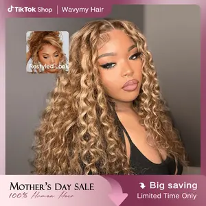 Wavymy Wear Go 7x5 Glueless Lace Honey Blonde Light Highlight Minimalist Water Wave Wig With Bleached Clean Knots 180% Density Bye-Bye Knots 100% Human Hair Outdoorfun Soft Dome Cap#SummerVibes