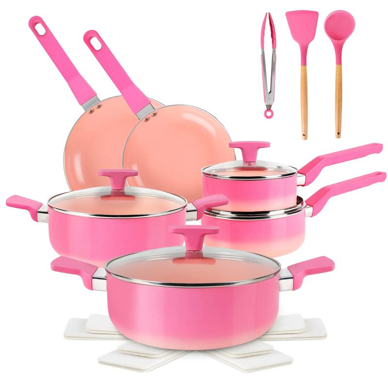 MGKKT Ceramic Cookware Sets 17 Pcs Non-Stick Pot and Pan Set with Oil Polymerization Design Healthy Non-Toxic Cooking RV Camping Stackable PTFE/PFOA Free Pink blackfriday black friday deals 2025 TiktokShopBlackFriday