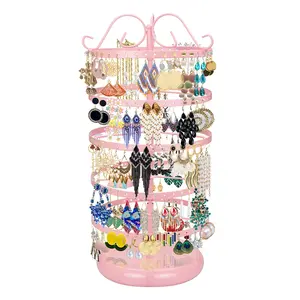 5 Tiers Metal Rotating Earring Holder Organizer, Exquisite Jewelry Display Stand Necklace Rack Holder, 220 Holes for Earrings- 14x6.3 Inch (Light pink)