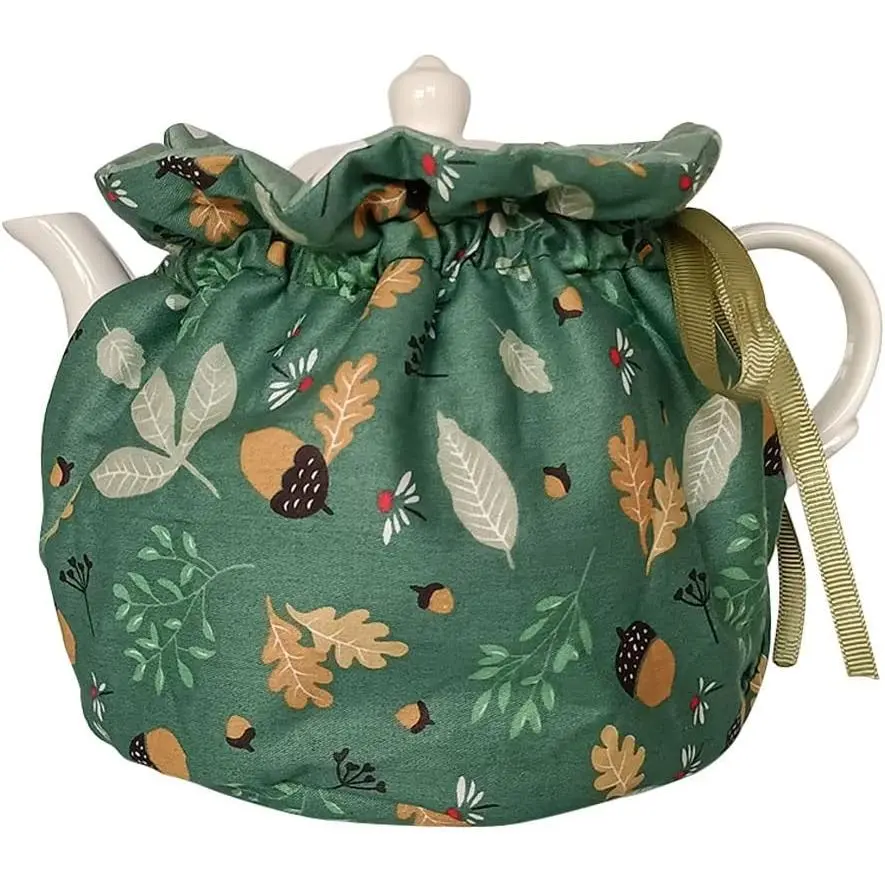 Green Insulated Cotton Teapot Cozy with Hazelnut Leaves Design, All Seasons Dust-Proof Keep-Warm Decorative Teapot Cover for Home Kitchen, Tea Party Supplies