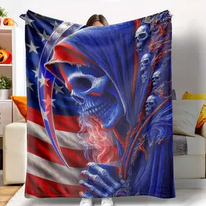 American Grim Reaper Flannel Blanket Skull American Flag Graphic Print Ultra Soft Lightweight AntiPilling Cozy and Warm Perfect for Bed Sofa Travel Memorial Day Patriotic Events Gift Giving.