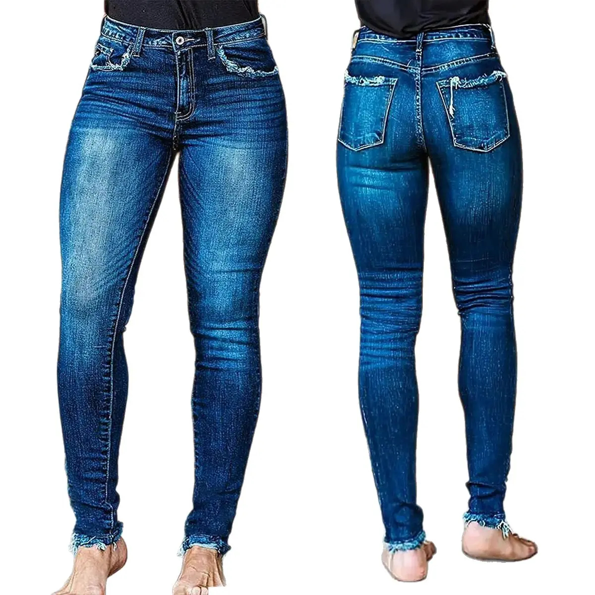 Women's Mid-Rise Stretch Denim Pencil Skinny Jeans - Washed Distressed Look, Slim Fit, Tapered Leg, Slimming Effect, Basic Style, With Pocket (Pair with Crop Tops), Trouser, Pants, Casual, Everyday, Plain, Ankle Length