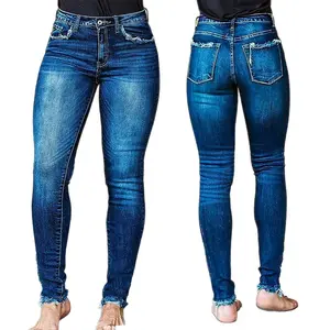 Women’s mid-rise stretch denim pencil jeans, washed distressed look, slim fit, tapered leg, slimming effect