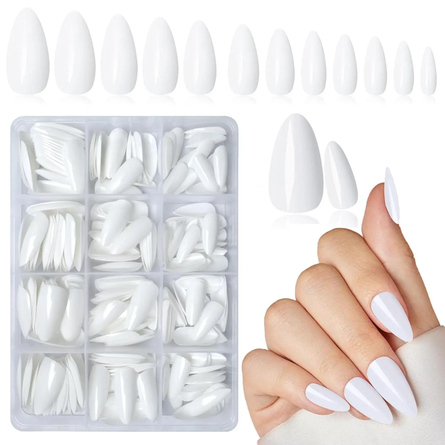 White Medium Almond Acrylic Fake Nail Tips, Stylish Acrylic Nails, 240pcs/box Full Cover Artificial Fingernail, Reusable Press on Nails for Home DIY Nail Salon Nail Extension, Diy Nail Kit, Nail Art Accessories, Nail Art Supplies