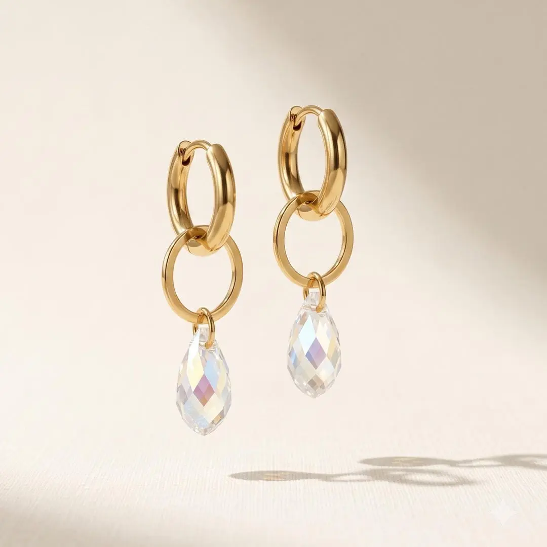 18K Gold Plated Swarovski Crystal Dangle Earrings | Stainless Steel Huggie Hoops