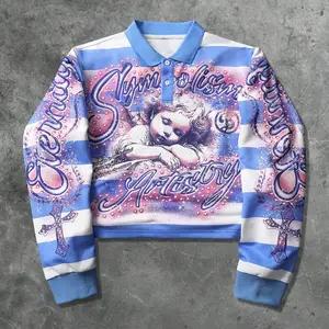 Men's Graphic & Letter Print Cropped Pullover Striped Sweatshirt, Streetwear Y2K Stylish Top For Fall & Winter, Men's Fall Outfits For Daily Wear