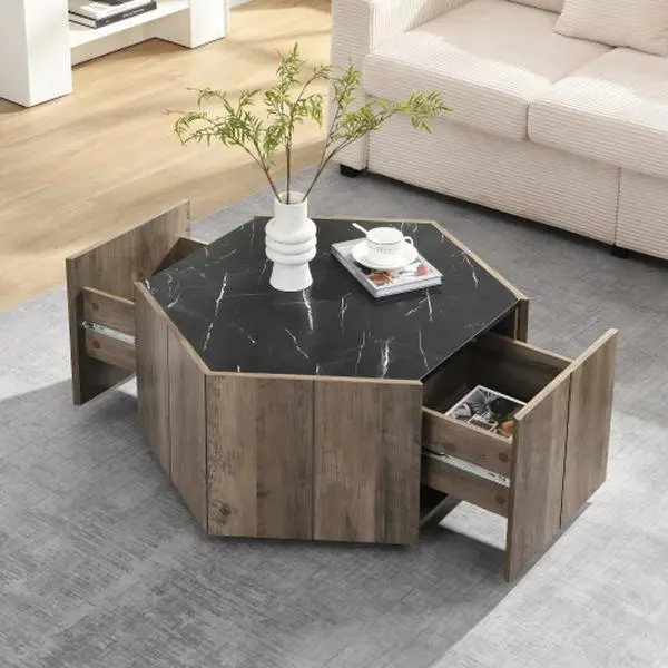 Vintage MDF Hexagonal Rustic Coffee Table - Light Brown Oak Finish, Textured Black Marble Tops, 2 Hidden Drawers, 31.50 x 27.56 x 15.75 inches, 48.28 lbs, Ideal for Living Room (Use Independently or Combined), Coffee Tables