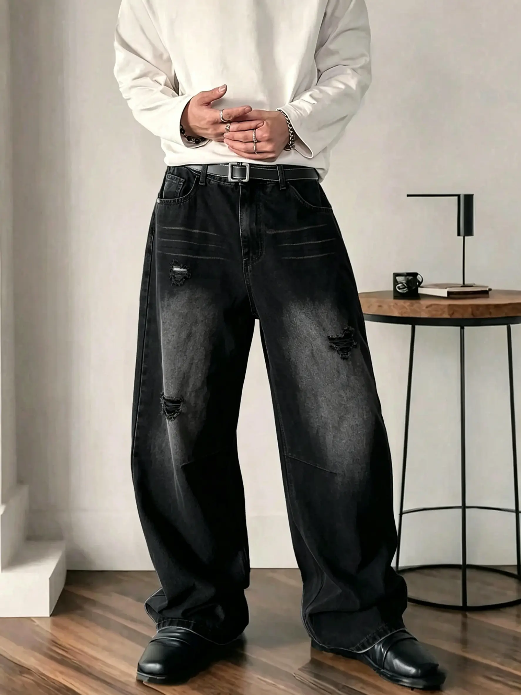 Men’s wide-leg jeans for spring–summer; vintage loose denim jeans; casual autumn style; relaxed fit with pockets; men’s long jeans Streetwear Custom Black Pants, Baggy Jeans