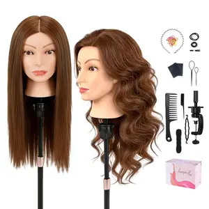 Mannequin  Human Hair,22" Dark Brown Real Hair  Mannequin Manikin  Hair Styling Hairdressing Practice  Doll  with Clamp Holder and Tools