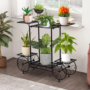 Garden Cart Stand 6 Tiers Metal Plant Stand Rack with 4 Decorative Wheels for Indoor Outdoor Patio Living Room