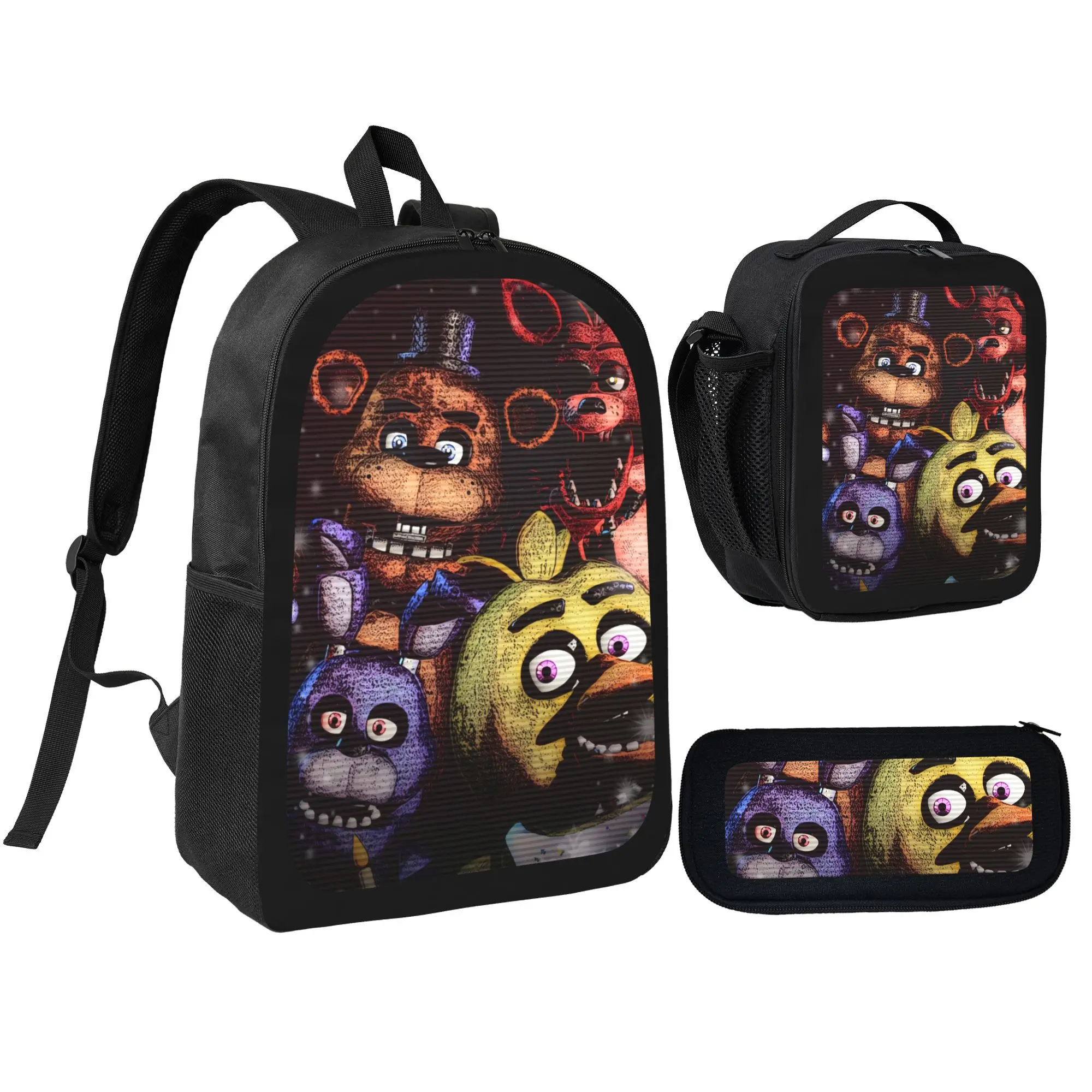 Five Nights at Freddy's 3-Piece Backpack Set - FNAF Print School Bag with Insulated Lunch Box and Pencil Case for Boys, Girls, Teens