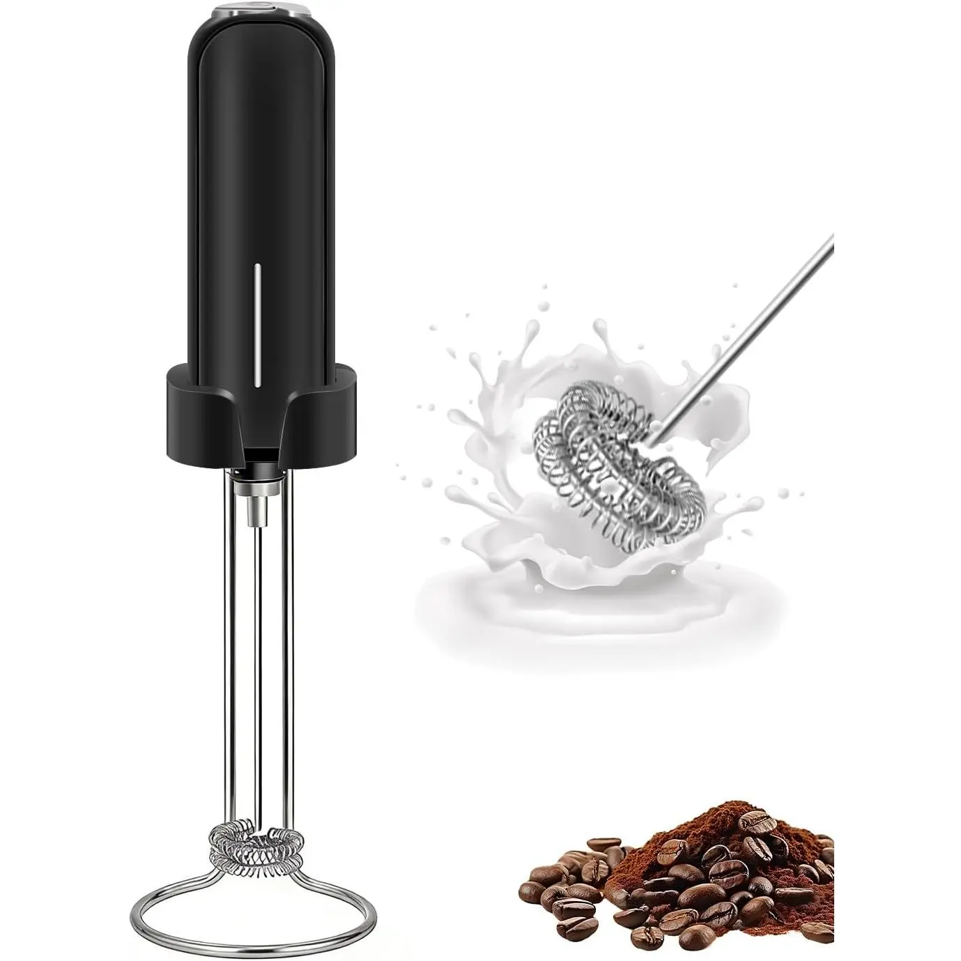 Milk Frother Handheld  Operated, Double Whisk, Electric Whisk  Maker, Handheld Drink Mixer, Mini Frother Wand with Stainless Steel Whisk for Coffee, Cappuccinos, With Stand and Storage Hook