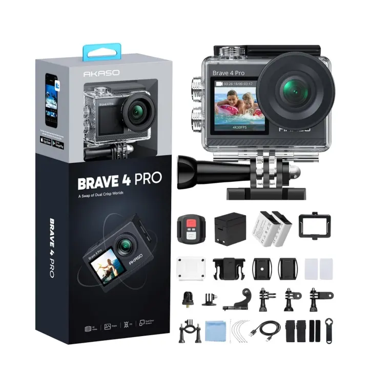 AKASO Brave 4 Pro 4K30FPS Action Camera  Underwater Camcorder Waterproof Camera with Touch Screen Advanced EIS Remote Control 5X Zoom Underwater Camera Support External Mic