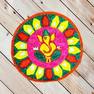 Luxurious 3ft Faux Fur Yarn Ganesha Rangoli Mat | Sacred Canvas Aasan for Pooja & Home Decor | Perfect Diwali Gift & Festival Delight