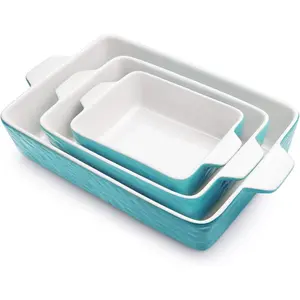 Casserole Dishes for Oven, Ceramic Baking Dishes, Lasagna Pan with Handles, Porcelain Baking Pan Deep, Bakeware for Baking, Cooking, Wedding , Set of 3 (11.6" x 7.8", Aquamarine)