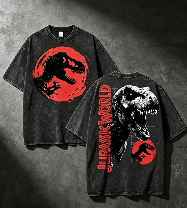 Men's Jurassic World T-Rex Dinosaur Red Moon Vintage Graphic Heavyweight Oversized Washed Distressed Short-Sleeve Casual T-Shirt - Minimalist Vibe, Grid Print, Premium Fabric, Retro, Soft, Streetwear, Tops