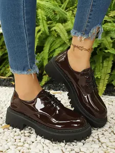 Vintage British Style Loafers, Chunky Sole Glossy Small Leather Shoes, College Wind Laces, Comfortable and Stylish Footwear