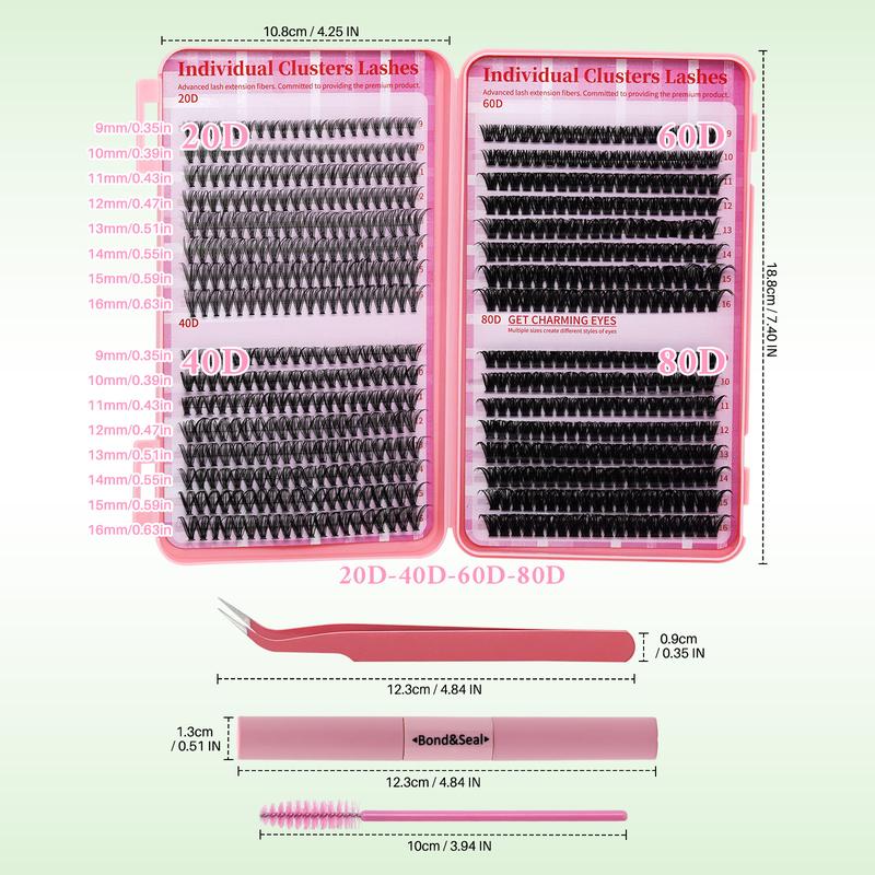 640PCS 20D40D60D80D Cluster Lashes Kit High Capacity Individual Lash Clusters 9-16mm Mixed D Curl Effect Natural Look Wispy Soft And Comfortable False Eyelashes Long-Lasting Individual Lashes Kit With Lash Bond&Seal And Tweezers And Lash Brush