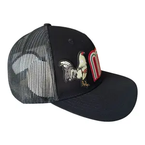 Trucker hat adjustable snap back on black color ,Mexican tricolor and golden rooster woven patch