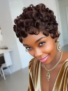 Chocolate Brown Color 4 Pixie Cut Human Hair Wig Short Curly Style Layered Curly Wigs Full Machine Made