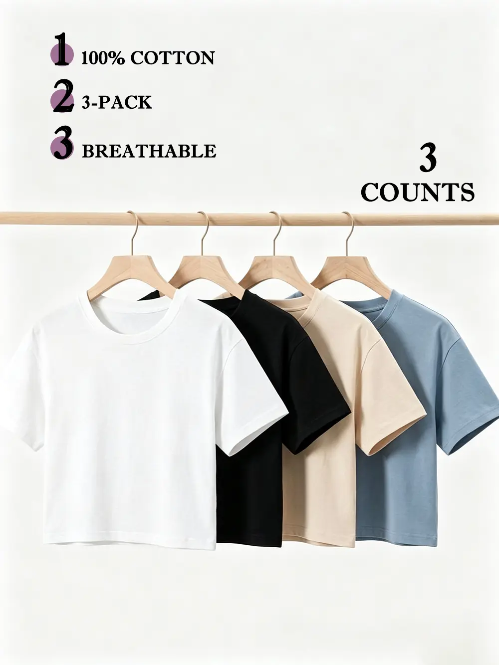 Women's 3-Pack Cotton Crop Top Set - Short Sleeve, Round Neck, Slim Fit, Lightweight, Minimalist, Plain, Casual Workout Base Layer - White, Black, Beige, Blue - XS-XL T-Shirts, Tshirt