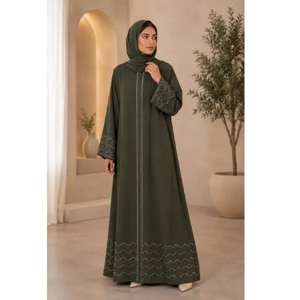 Olive Green Chiffon Abaya Maxi Dress with Crystal Rhinestones Modest Elegant Outfit for Eid Stylish Occasions Versatile Chic Design Perfect for Special Events