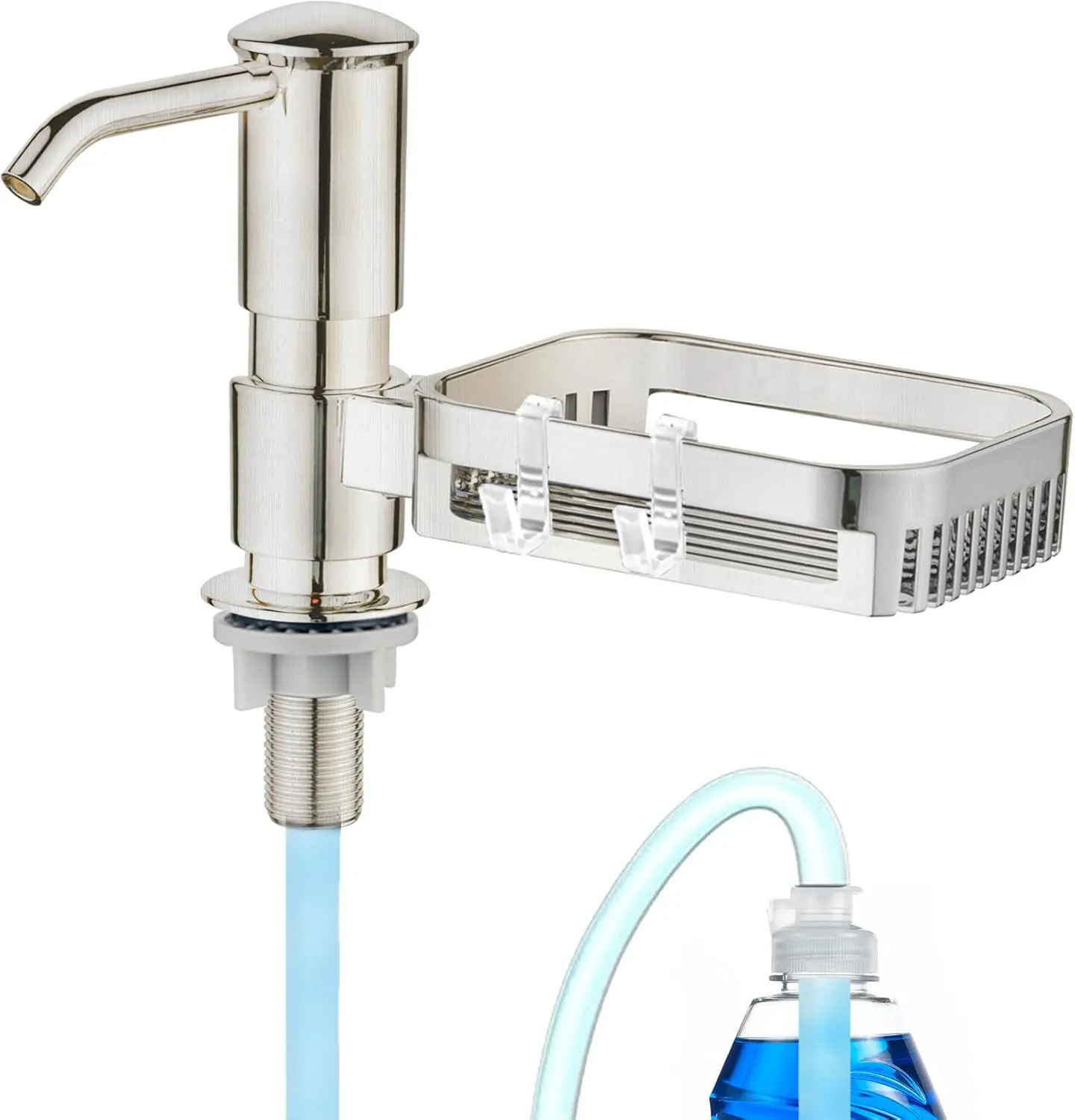 Soap Dispenser for Kitchen Sink, Built in Soap Dispenser Pump with Sponge Holder, Under Counter Brushed Nickel ABS Pump  with 38" Extension Tube Kit, Good Suction Power