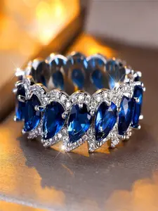 Trendy Blue Zirconia Synthetic Crystal Stone Vintage Silver Color Wedding Bands Engagement Rings For Women Men Minimalist Jewelry