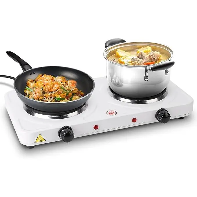 Countertop Double Electric Burner, 2000W Portable Hot Plate with 6-inch Cast Iron Plates & 5 Temperature Settings for Dorms, RVs, Travel