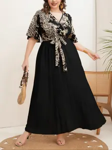Plus Size Elegant Pleated Wrap Dress, V Neck Tie Front Design, Half Sleeve Fitted Long Gown, Casual Commute & Date Wear, Womenswear
