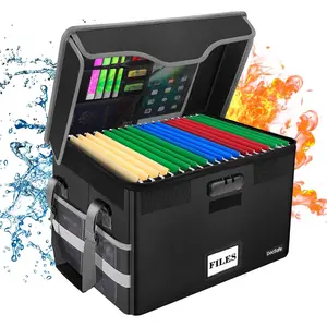 File Box Fireproof Document Box with Lock,File Storage Organizer Box with Mesh Pockets,Collapsible Portable File Box Office File Cabinet with Handle for Hanging Letter/Legal Folder,Black
